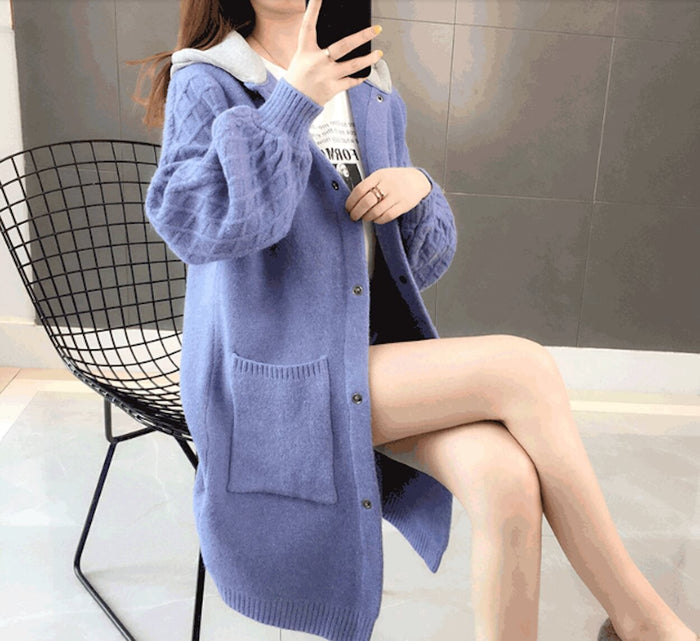 Mid-Length Women's Hooded Cardigan: cream, white hooded knit cardigan, casual style