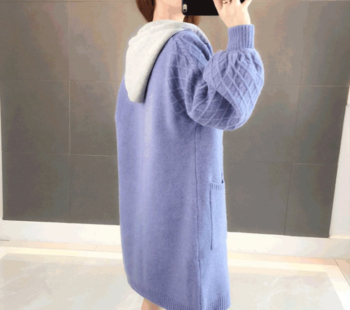 Mid-Length Women's Hooded Cardigan: cream, white hooded knit cardigan, casual style
