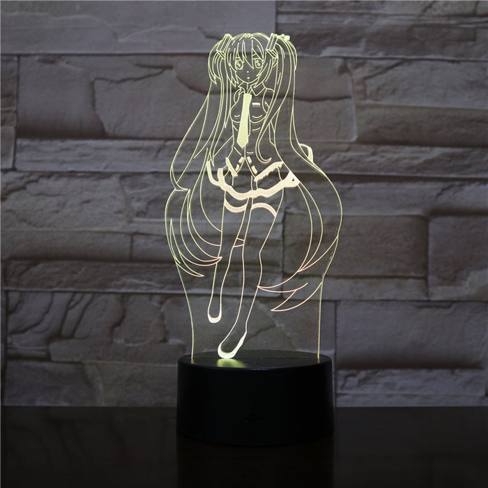 Miku LED Night Light with Remote: clear, pale yellow-green glow anime-style girl character, anime cartoon line art style