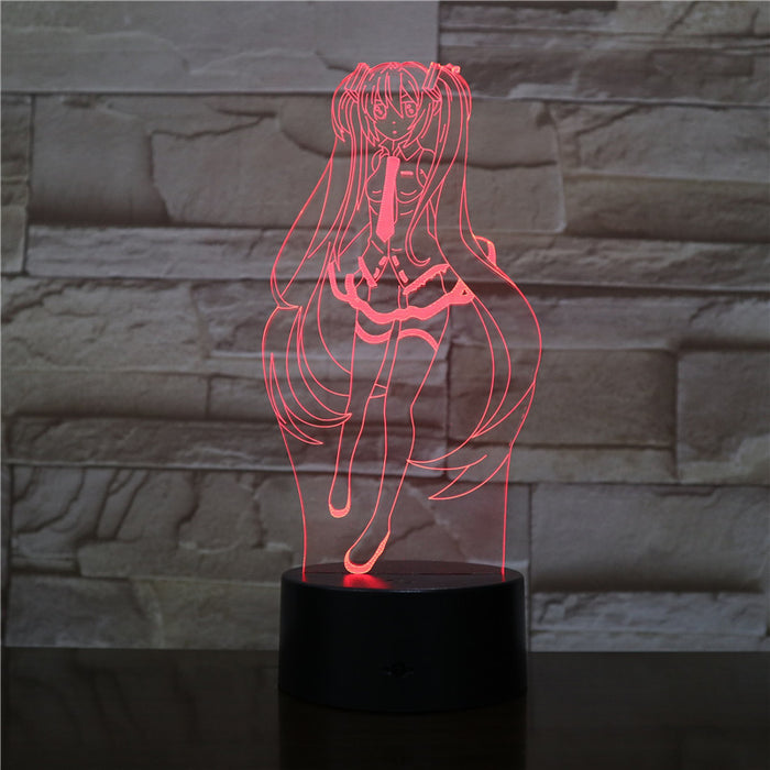 Miku LED Night Light with Remote: clear, pale yellow-green glow anime-style girl character, anime cartoon line art style