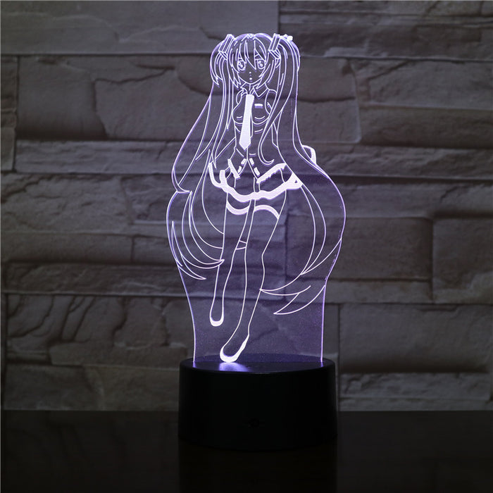 Miku LED Night Light with Remote: clear, pale yellow-green glow anime-style girl character, anime cartoon line art style