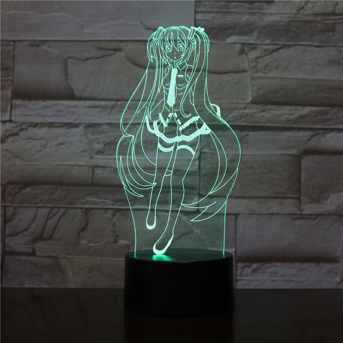 Miku LED Night Light with Remote: clear, pale yellow-green glow anime-style girl character, anime cartoon line art style