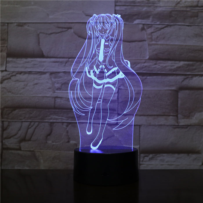 Miku LED Night Light with Remote: clear, pale yellow-green glow anime-style girl character, anime cartoon line art style