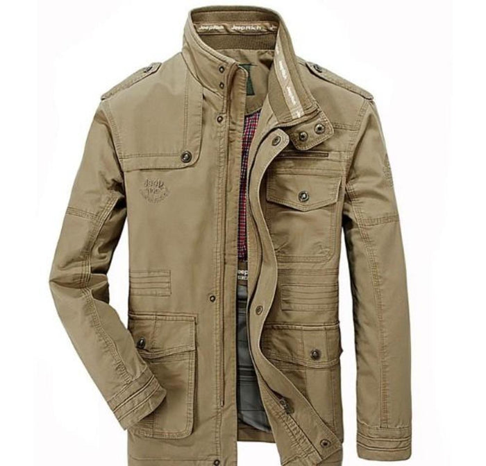 Military-Inspired Men's Jacket with Stand Collar: khaki beige, brown jacket, military-inspired casual style