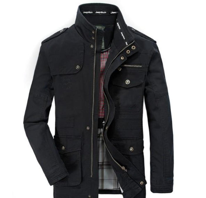 Military-Inspired Men's Jacket with Stand Collar: khaki beige, brown jacket, military-inspired casual style