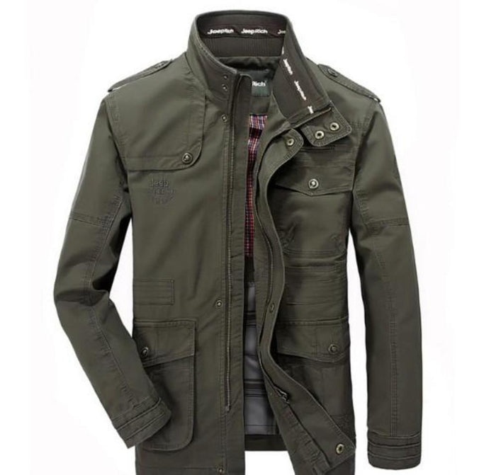 Military-Inspired Men's Jacket with Stand Collar: khaki beige, brown jacket, military-inspired casual style