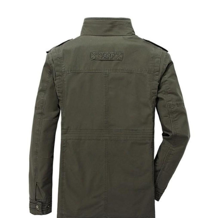 Military-Inspired Men's Jacket with Stand Collar: khaki beige, brown jacket, military-inspired casual style