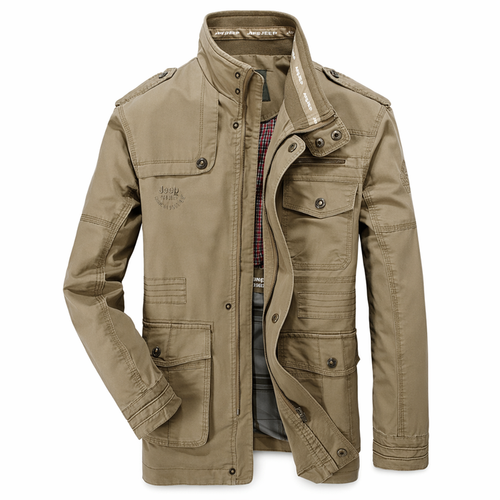 Military-Inspired Men's Jacket with Stand Collar Khaki