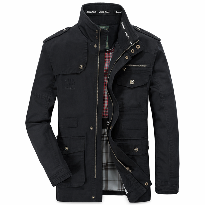 Military-Inspired Men's Jacket with Stand Collar Black