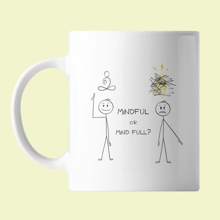 Mindful Ceramic Mug with Humorous Stick Figure Design 11oz: white, black mindfulness-themed stick figures, minimal cartoon st