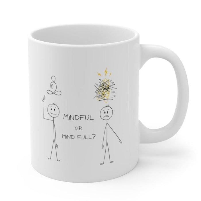 Mindful Ceramic Mug with Humorous Stick Figure Design 11oz: white, black mindfulness-themed stick figures, minimal cartoon st