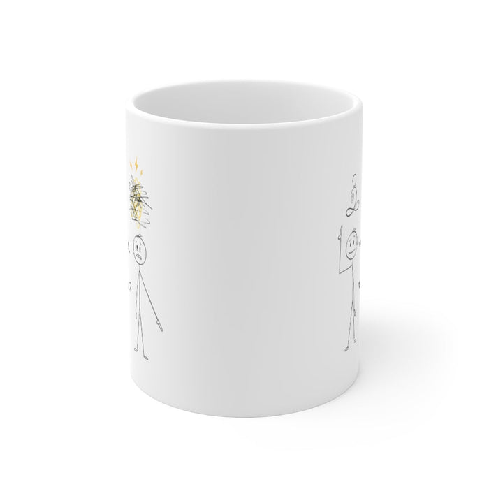 Mindful Ceramic Mug with Humorous Stick Figure Design 11oz: white, black mindfulness-themed stick figures, minimal cartoon st