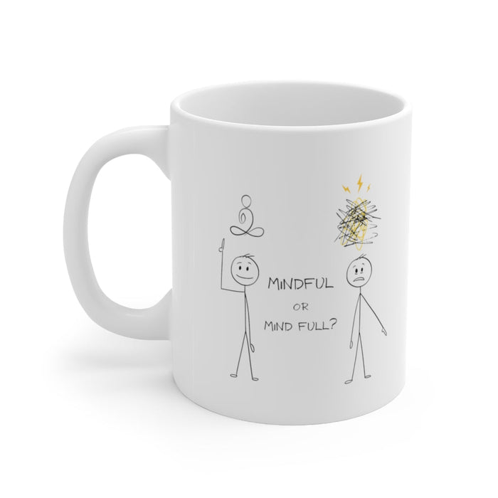 Mindful Ceramic Mug with Humorous Stick Figure Design 11oz: white, black mindfulness-themed stick figures, minimal cartoon st