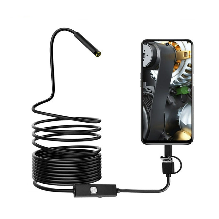 Mini Waterproof Camera with LED Light: black, dark gray wired endoscope/inspection camera with smartphone display, technical