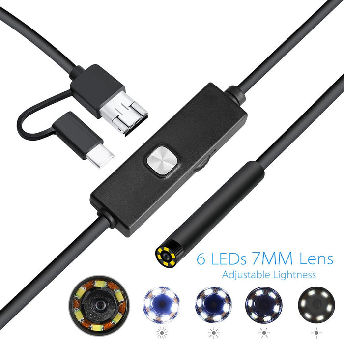 Mini Waterproof Camera with LED Light: black, dark gray wired endoscope/inspection camera with smartphone display, technical