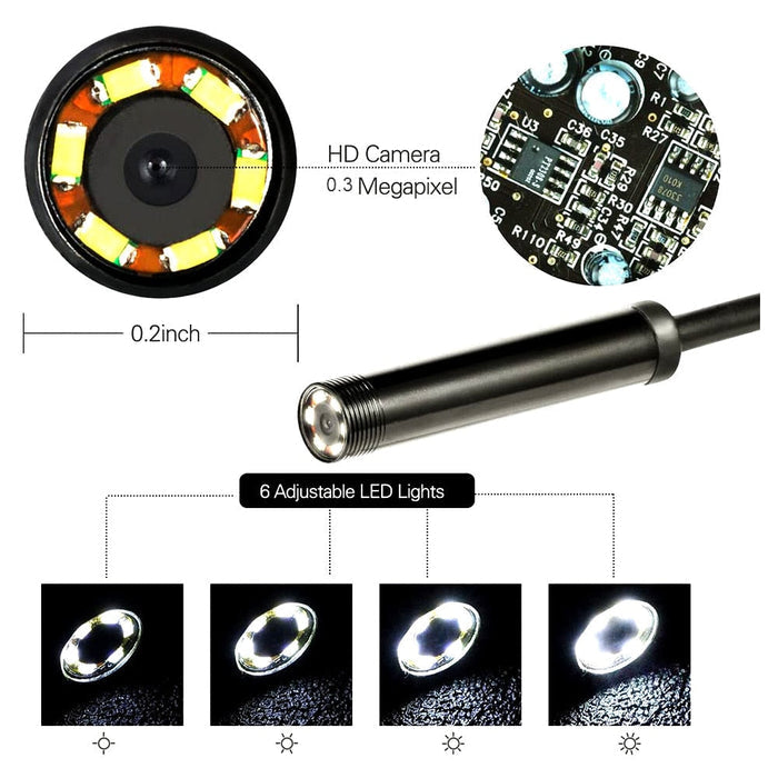Mini Waterproof Camera with LED Light: black, dark gray wired endoscope/inspection camera with smartphone display, technical
