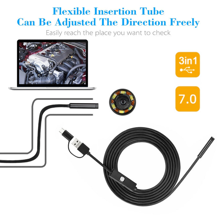 Mini Waterproof Camera with LED Light: black, dark gray wired endoscope/inspection camera with smartphone display, technical