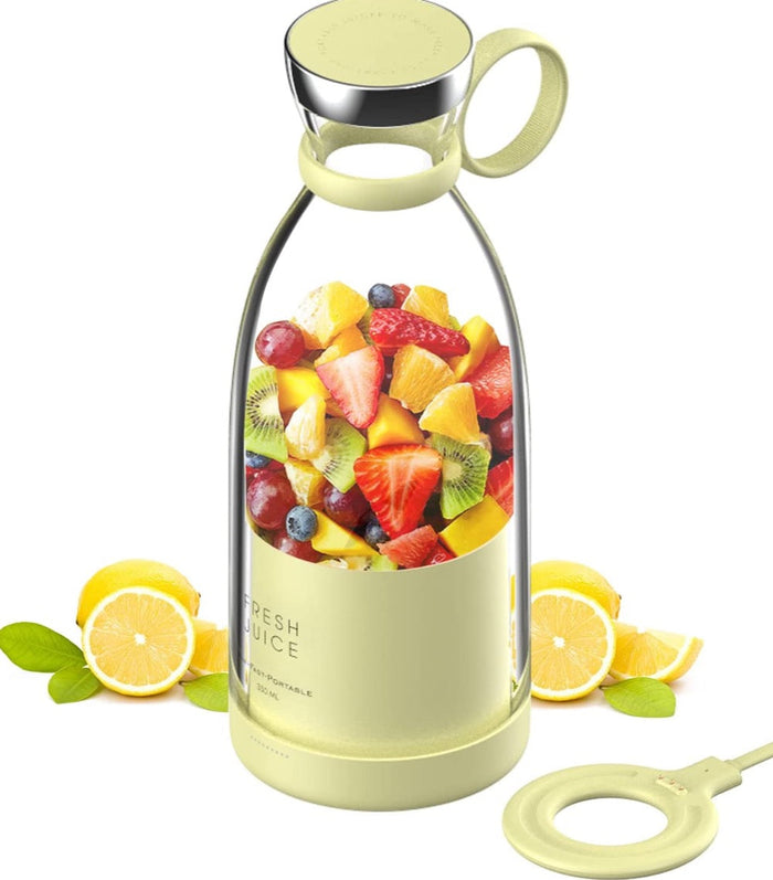 Mobile Blender for Juicing On-the-Go: pale yellow-green, clear fruit juice, modern minimal style