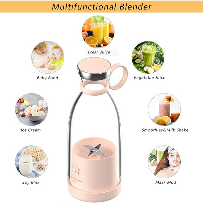 Mobile Blender for Juicing On-the-Go: pale yellow-green, clear fruit juice, modern minimal style