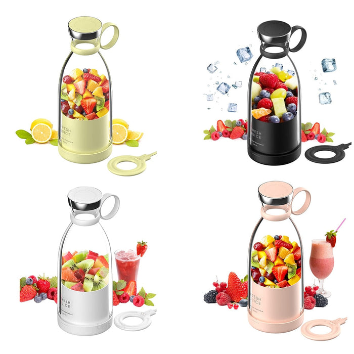 Mobile Blender for Juicing On-the-Go: pale yellow-green, clear fruit juice, modern minimal style