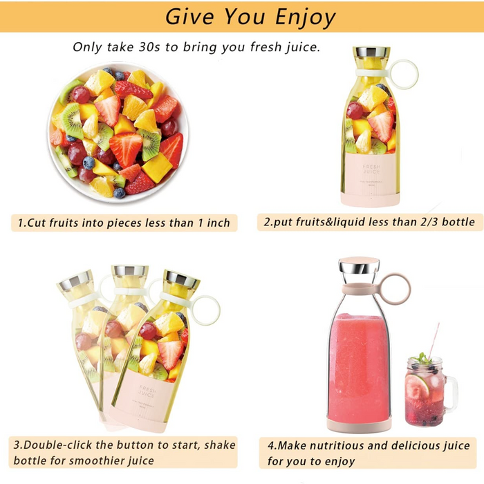 Mobile Blender for Juicing On-the-Go: pale yellow-green, clear fruit juice, modern minimal style