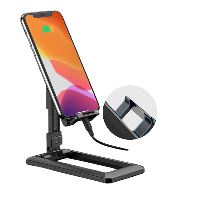Mobile Phone Stand, Foldable and Portable: black, dark gray phone stand with charging cable, minimal style