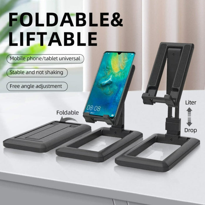 Mobile Phone Stand, Foldable and Portable: black, dark gray phone stand with charging cable, minimal style