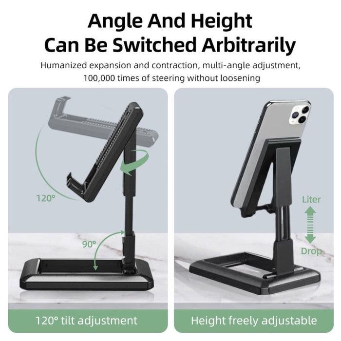 Mobile Phone Stand, Foldable and Portable: black, dark gray phone stand with charging cable, minimal style