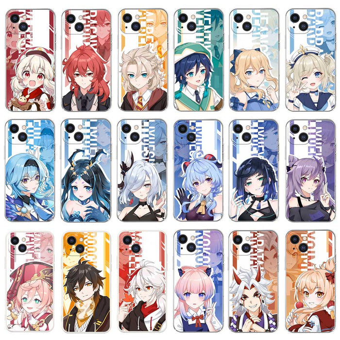 Modern Genshin Character Phone Cases: red, blue anime-style game characters, colorful anime/cartoon character art style