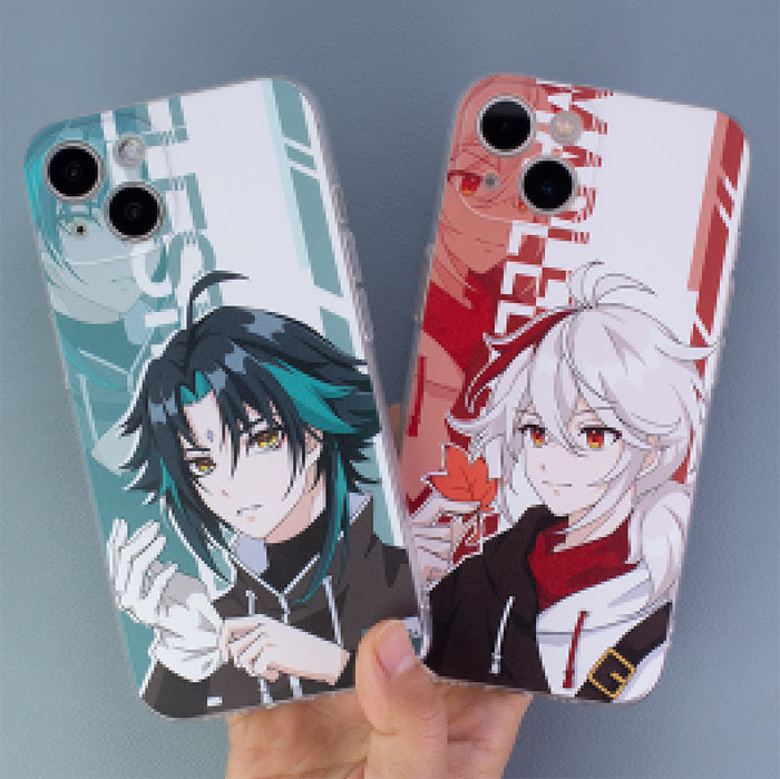 Modern Genshin Character Phone Cases: red, blue anime-style game characters, colorful anime/cartoon character art style