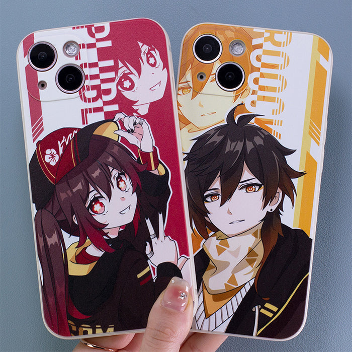 Modern Genshin Character Phone Cases: red, blue anime-style game characters, colorful anime/cartoon character art style