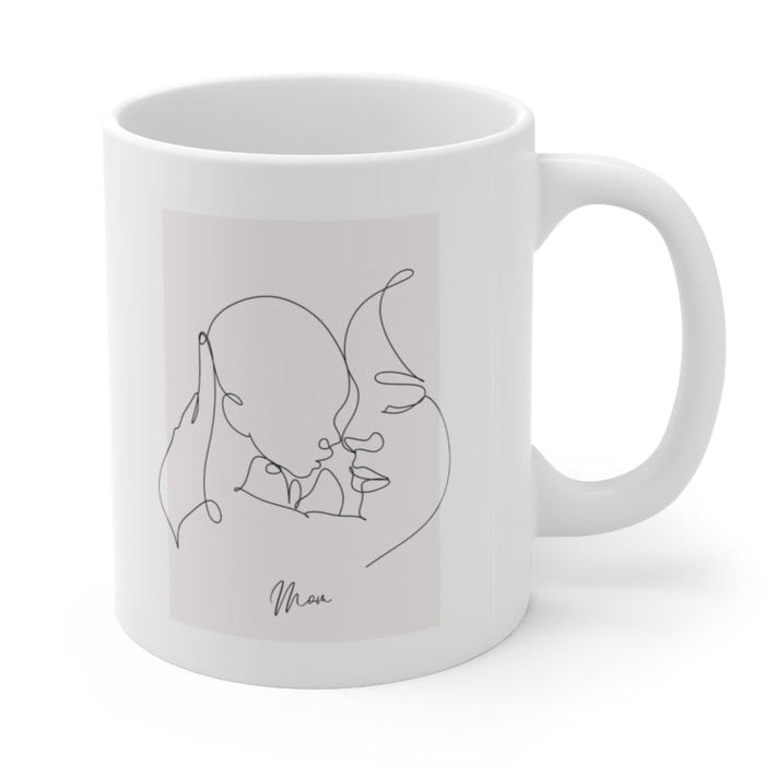Mom and Me Ceramic Mug, 11oz: white, light gray mother and baby, minimal line art style