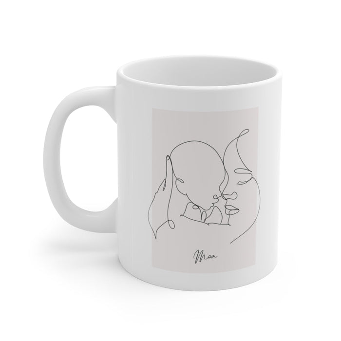 Mom and Me Ceramic Mug, 11oz: white, light gray mother and baby, minimal line art style