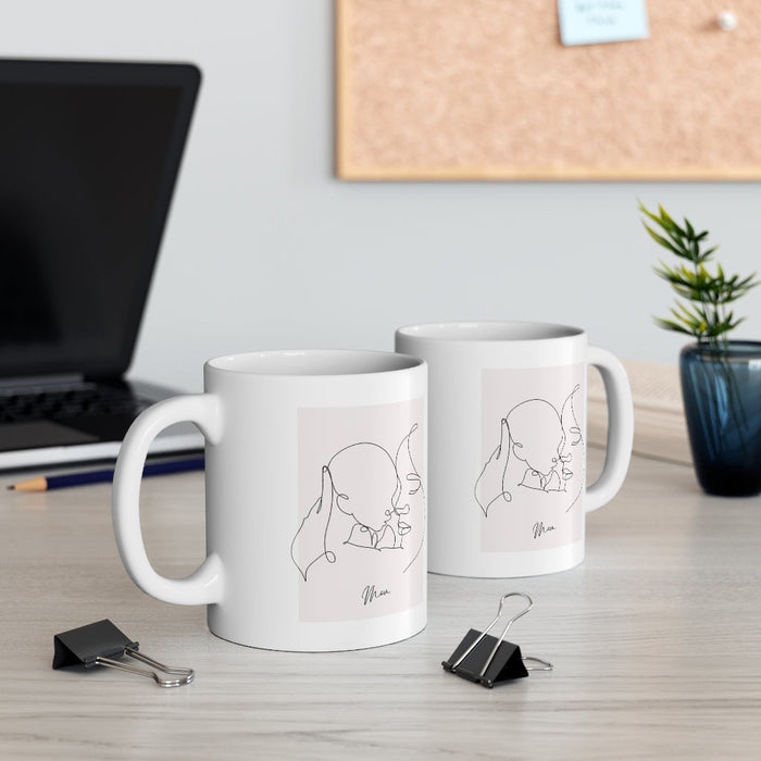 Mom and Me Ceramic Mug, 11oz: white, light gray mother and baby, minimal line art style