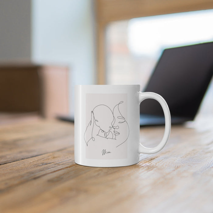 Mom and Me Ceramic Mug, 11oz: white, light gray mother and baby, minimal line art style