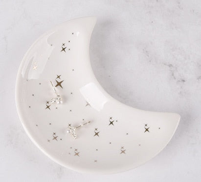 Moon-shaped Ceramic Jewelry Organizer: black, white celestial moon and stars, celestial, minimal style