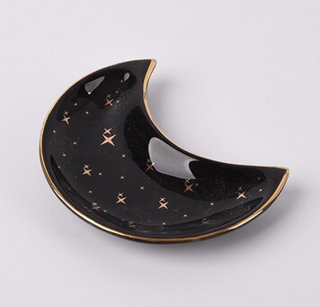 Moon-shaped Ceramic Jewelry Organizer: black, white celestial moon and stars, celestial, minimal style