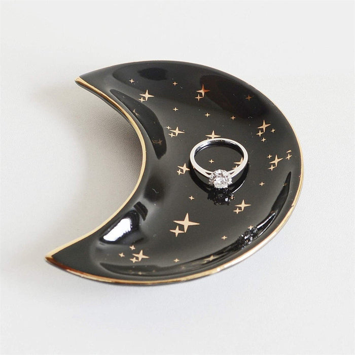 Moon-shaped Ceramic Jewelry Organizer: black, white celestial moon and stars, celestial, minimal style