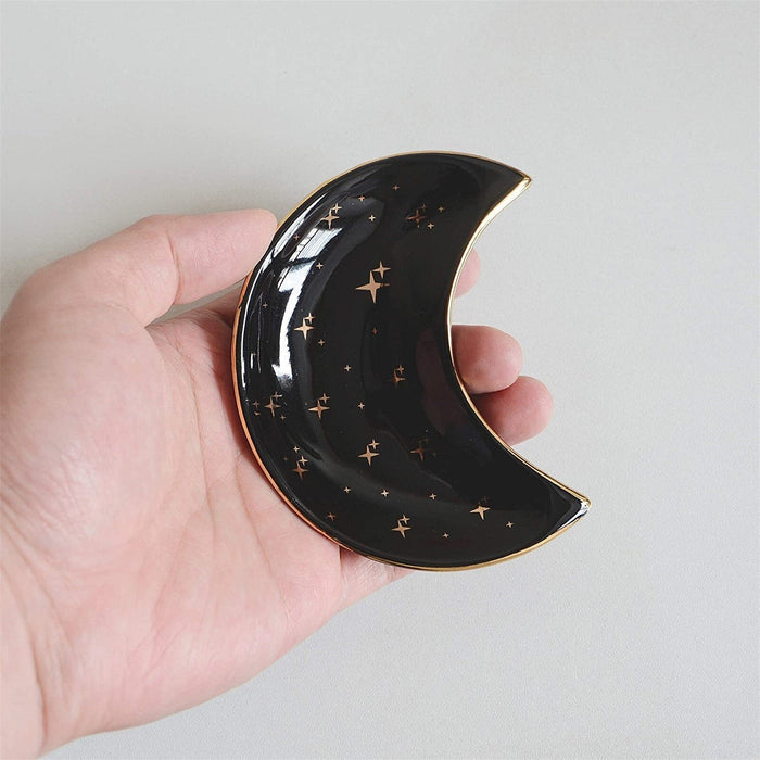 Moon-shaped Ceramic Jewelry Organizer: black, white celestial moon and stars, celestial, minimal style