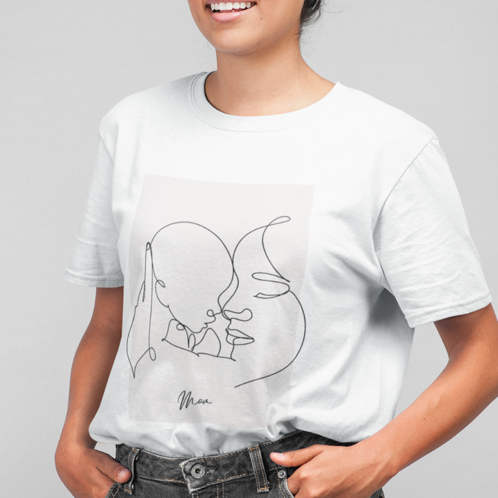 Mother and Infant Tee for Women: white, black abstract line-art faces, minimalist line art style
