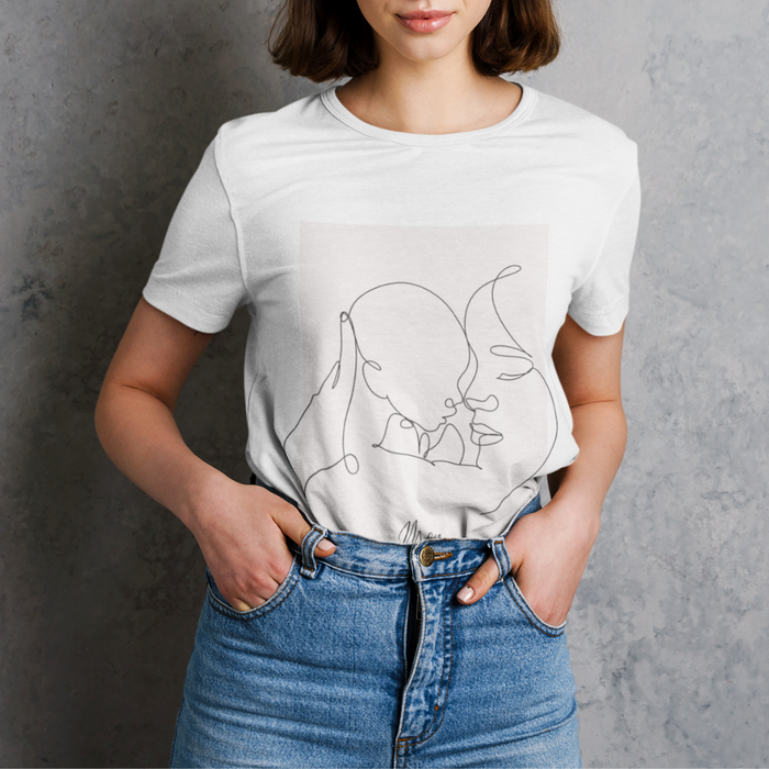 Mother and Infant Tee for Women: white, black abstract line-art faces, minimalist line art style