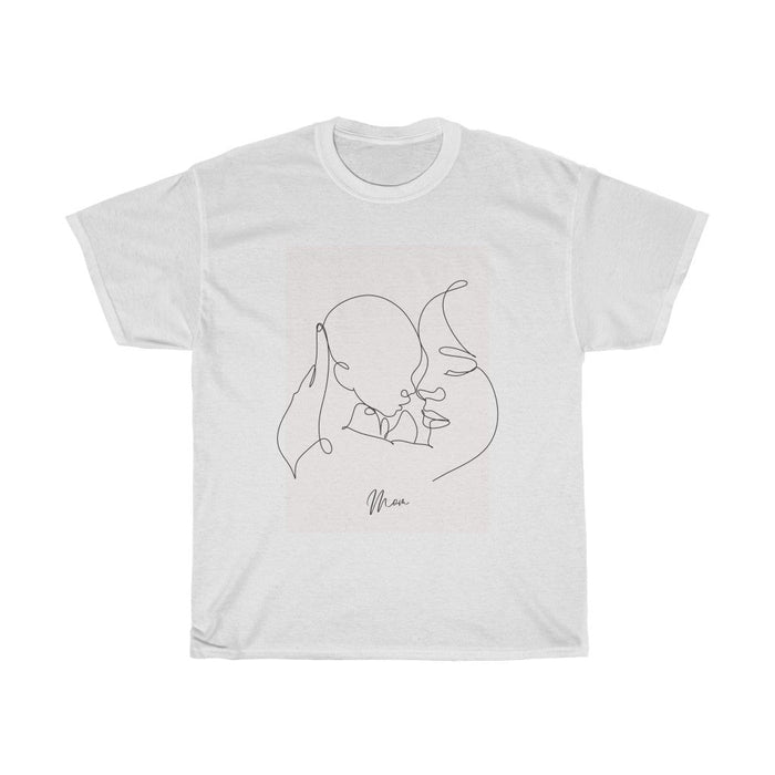 Mother and Infant Tee for Women: white, black abstract line-art faces, minimalist line art style
