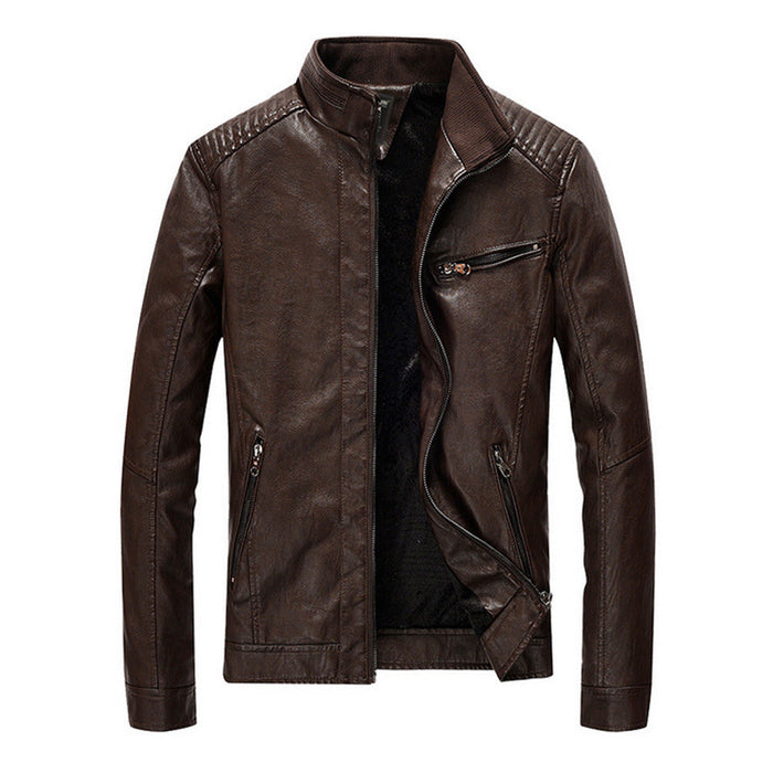Motorcycle Vegan Leather Jacket with Stand Collar for Men: dark brown, black jacket, minimal biker-style style
