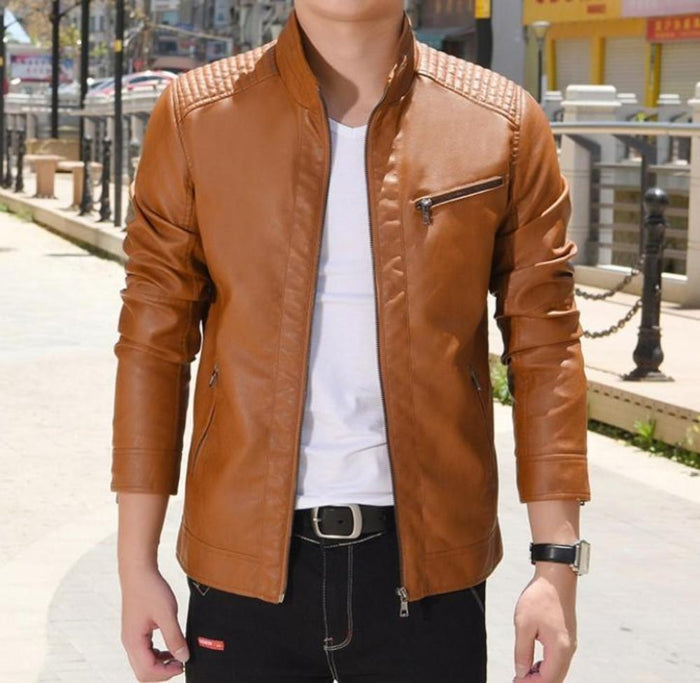 Motorcycle Vegan Leather Jacket with Stand Collar for Men: dark brown, black jacket, minimal biker-style style