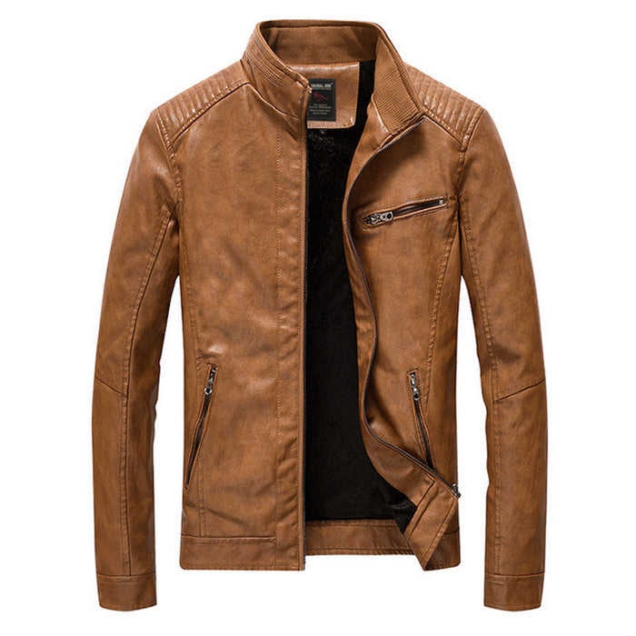 Motorcycle Vegan Leather Jacket with Stand Collar for Men: dark brown, black jacket, minimal biker-style style