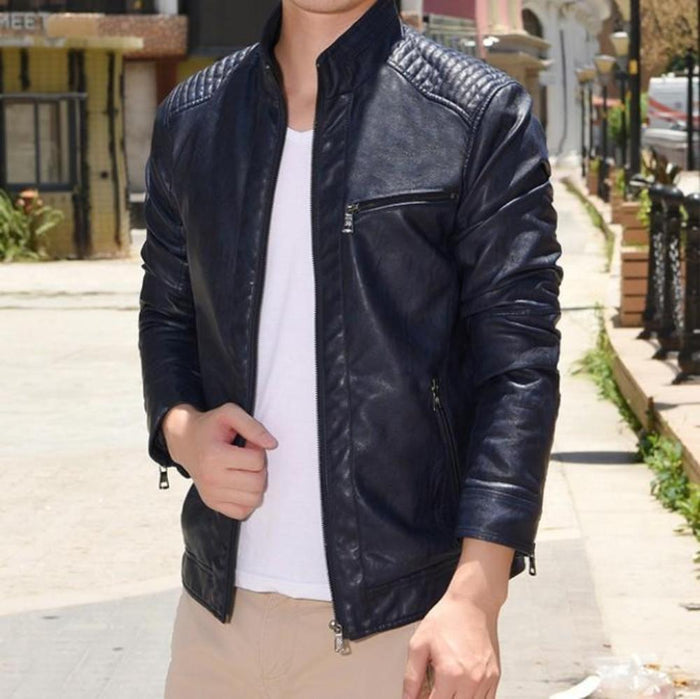 Motorcycle Vegan Leather Jacket with Stand Collar for Men: dark brown, black jacket, minimal biker-style style