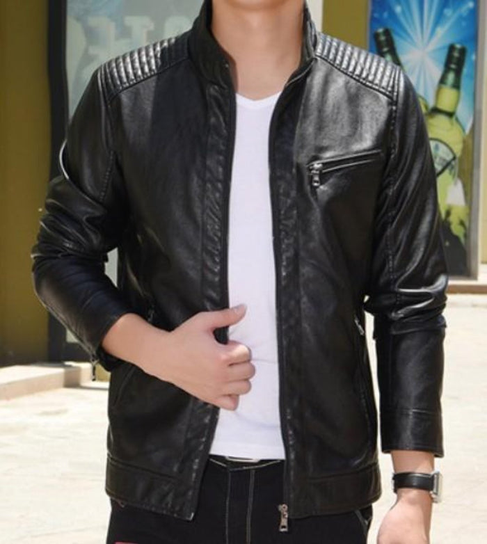 Motorcycle Vegan Leather Jacket with Stand Collar for Men: dark brown, black jacket, minimal biker-style style