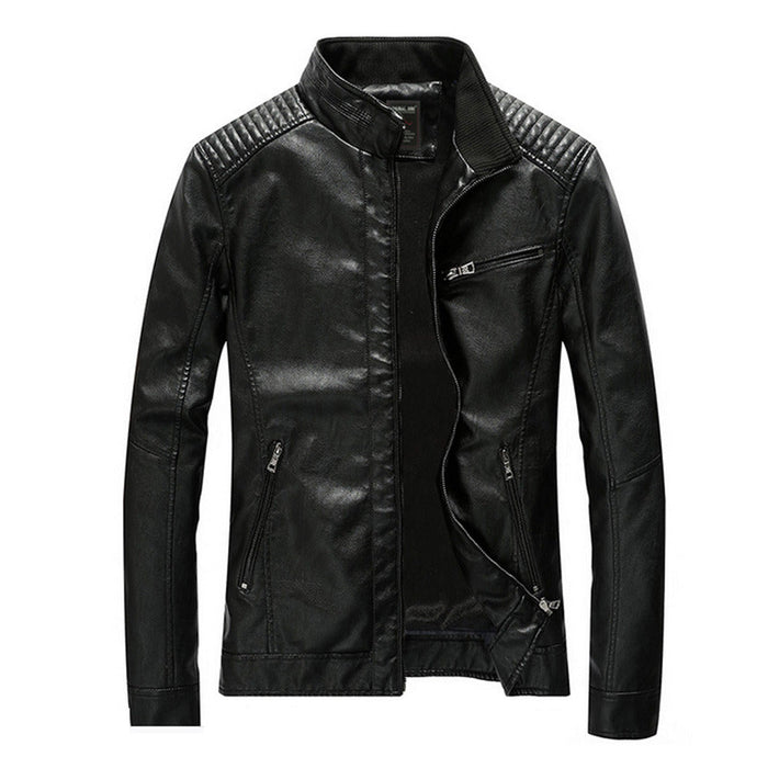 Motorcycle Vegan Leather Jacket with Stand Collar for Men: dark brown, black jacket, minimal biker-style style