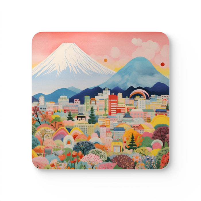 Mount Fuji Skyline Set of Four Coasters: pink, blue stylized mountain and city landscape, colorful cartoon folk-art illustrat