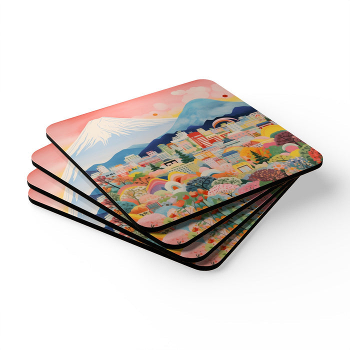 Mount Fuji Skyline Set of Four Coasters: pink, blue stylized mountain and city landscape, colorful cartoon folk-art illustrat